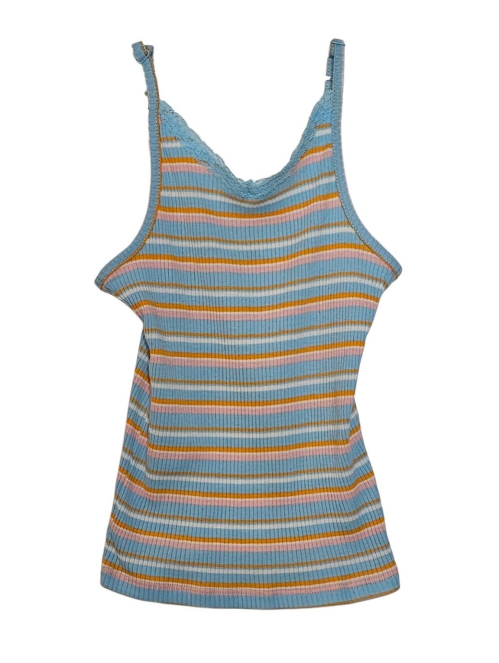 Art Class 70s Style Blue Ribbed Tank Orange White Pink Stripes Adjustable Straps